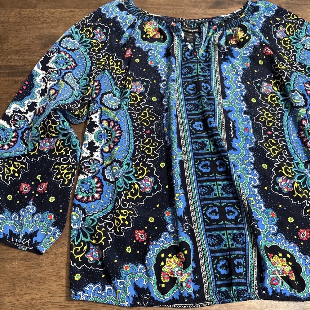Lane Bryant Womens sz 18/20 Blue Paisley 3/4 Sleeve BoHo Peasant Blouse Shirt - Picture 2 of 10